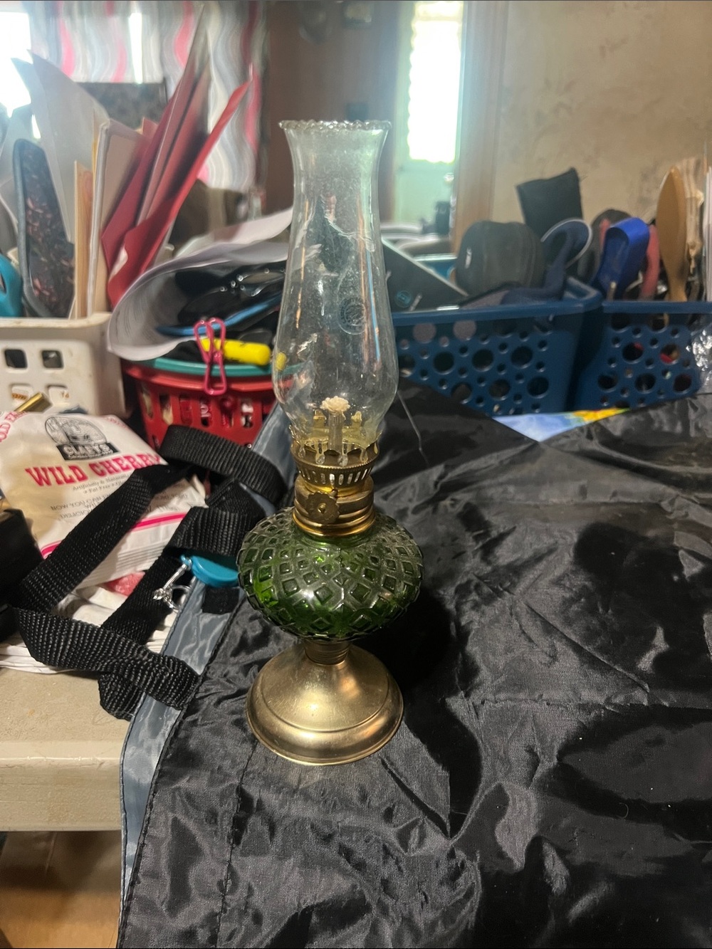 Vintage Green Glass Oil Lamp with Brass Base - Home Accents